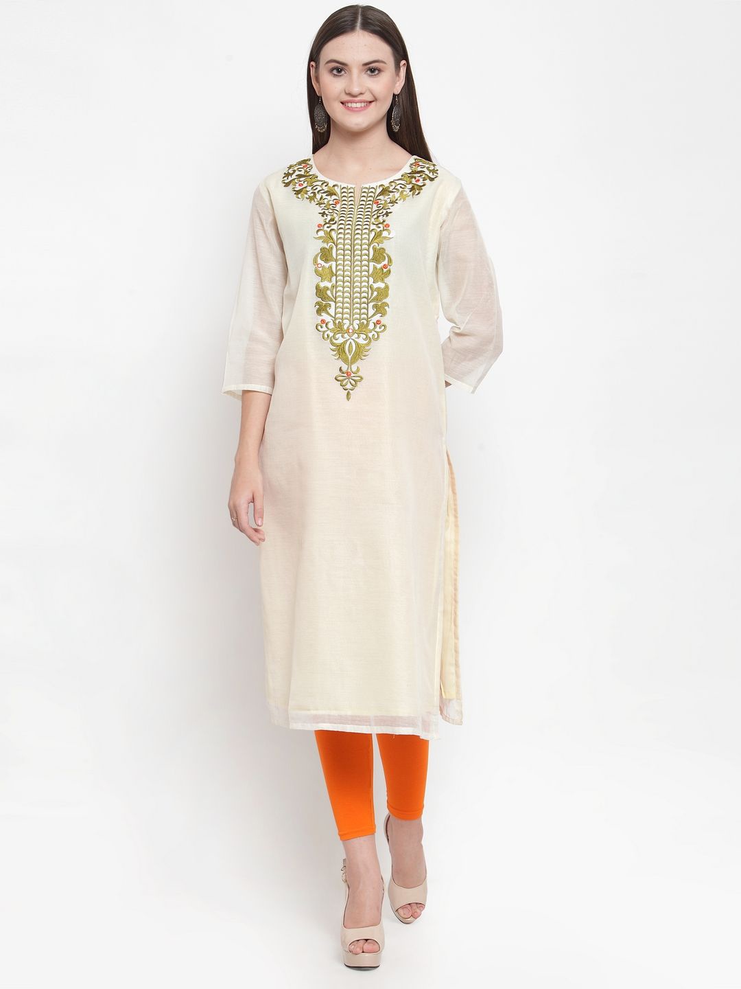 

Purple State Yoke Design Embroidered Straight Kurta, Cream