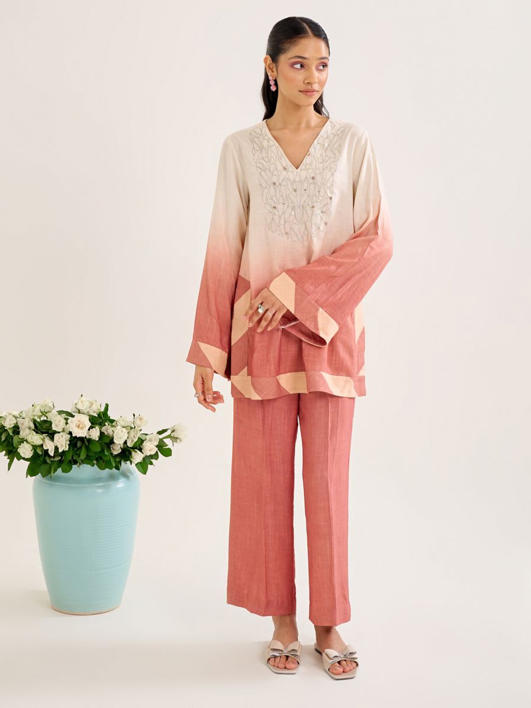 

Siyona by Ankurita Embellished Top With Trouser Co-Ords Set, Coral