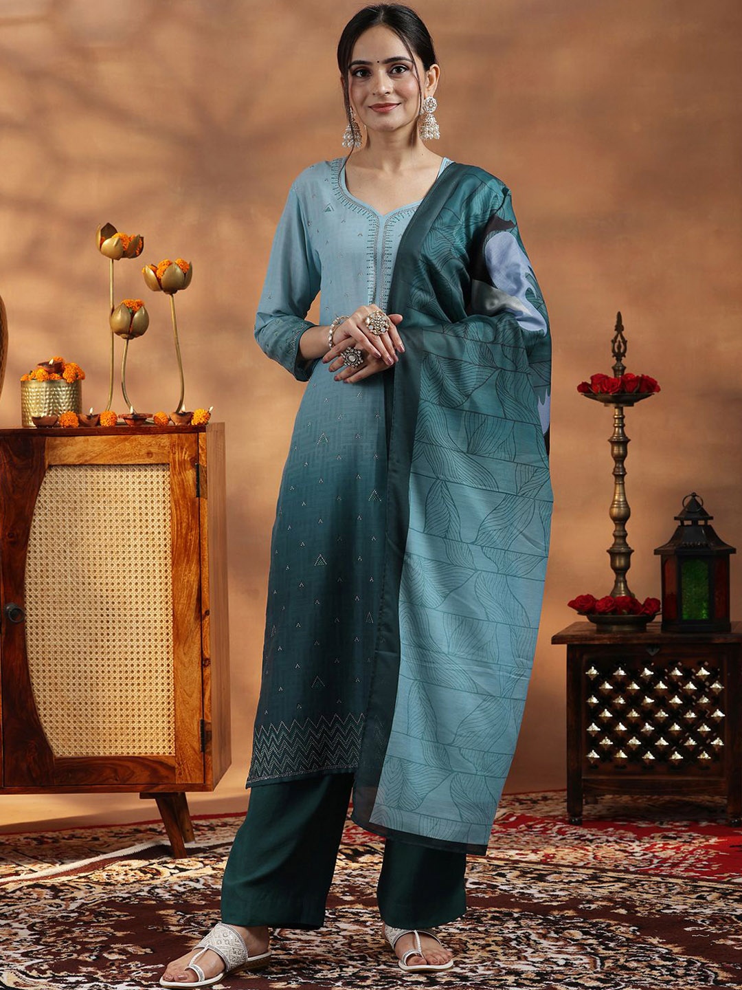

Libas Women Ombre Regular Beads and Stones Kurta with Trousers & With Dupatta, Green