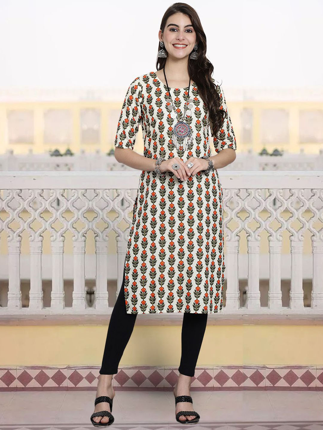 

7Threads Women Ethnic Motifs Printed Keyhole Neck Sequinned Floral Crepe Kurta, Multi