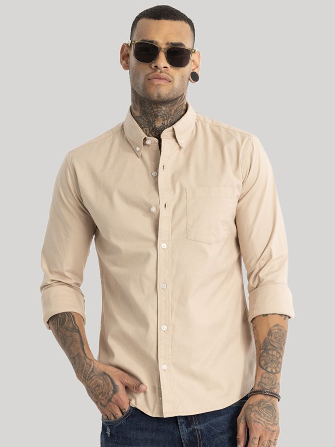 

Snitch Men Smart Slim Fit Opaque Casual Shirt, Beige