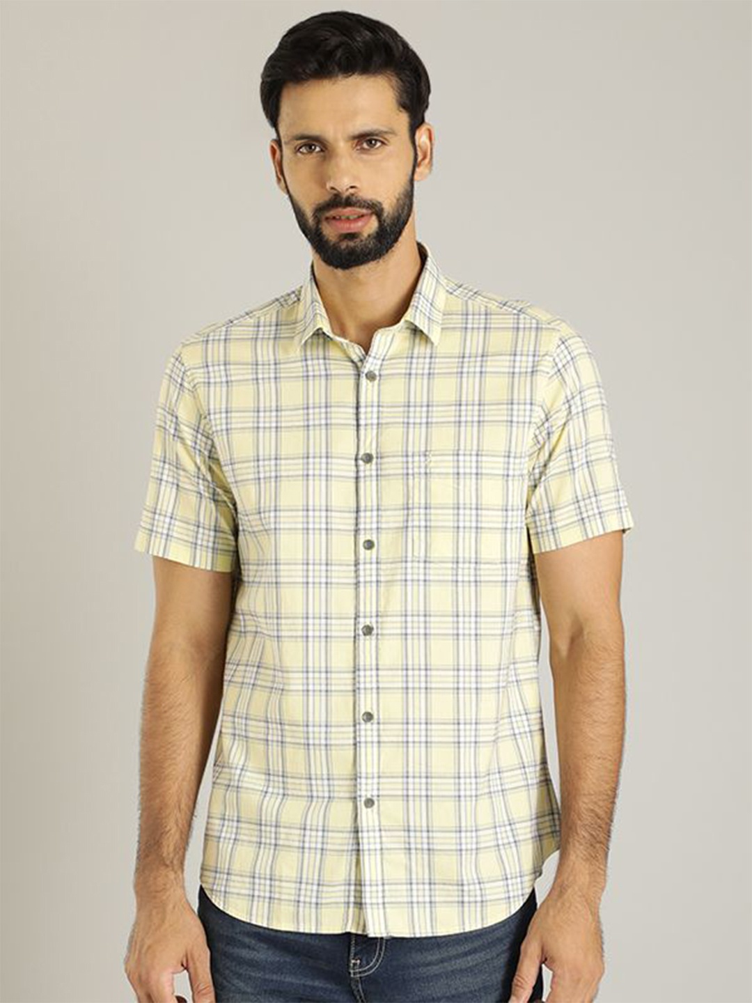 

Indian Terrain Men India Slim Spread Collar Tartan Checked Cotton Slim Fit Casual Shirt, Yellow