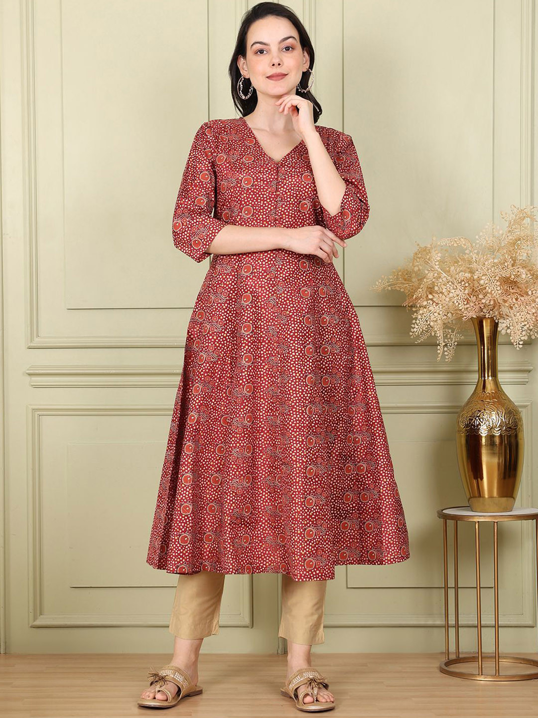 

W Women Printed Flared Sleeves Sequinned Kurta, Navy blue