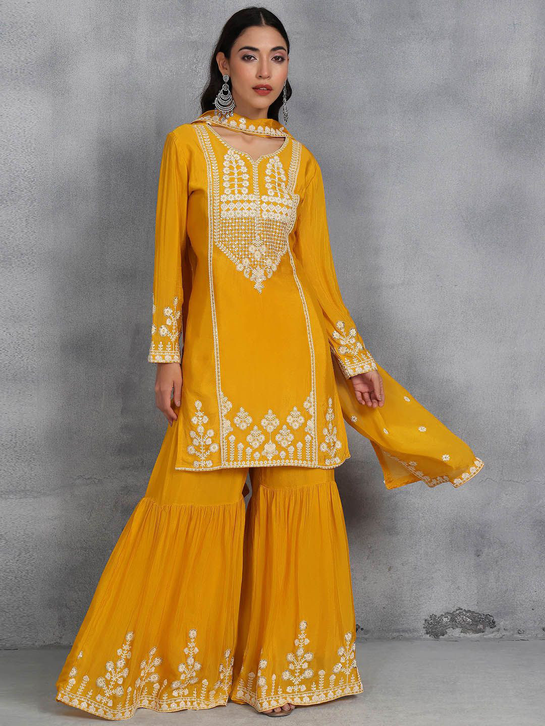 

Rang by Indya Women Floral Embroidered Regular Kurti with Sharara & With Dupatta, Yellow
