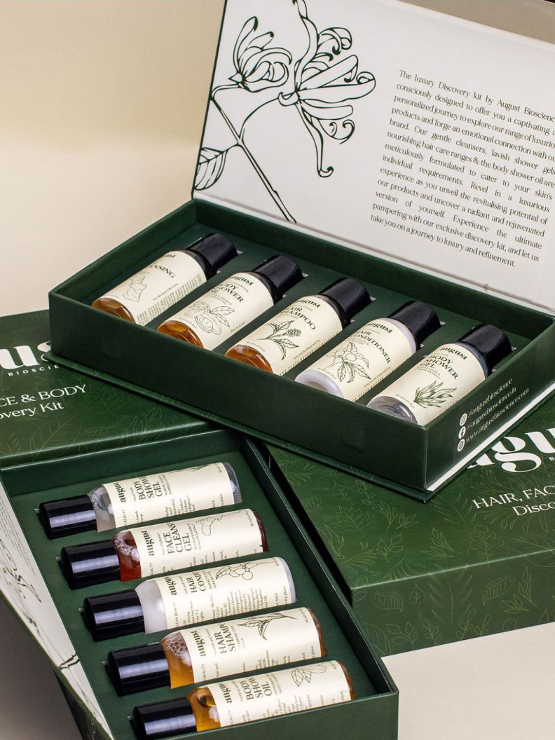 

August Bioscience 5 Pcs Hair & Skin Care Bath & Body Gift Set - 30ml Each, Beige