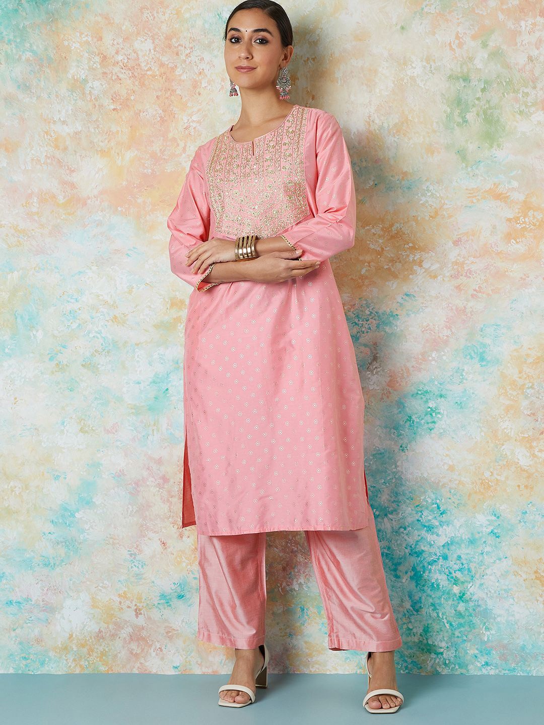 

Melange by Lifestyle Women Floral Embroidered Keyhole Neck Flared Sleeves Kurta, Pink
