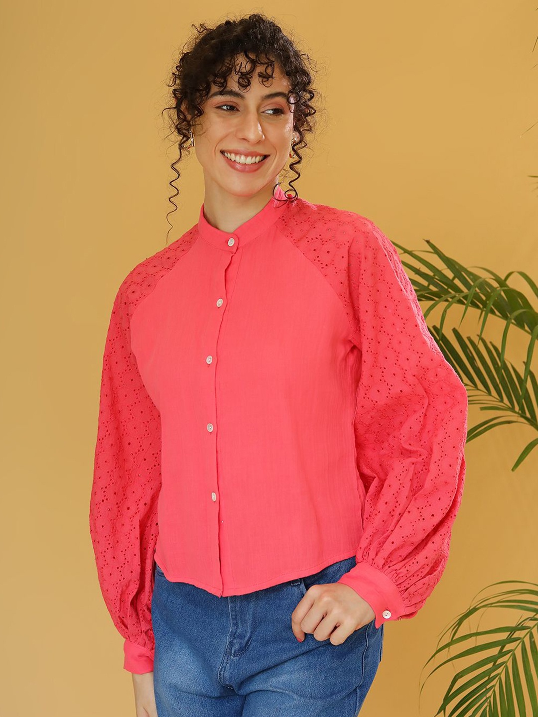 

DressBerry Mandarin Collar Cotton Schiffli Shirt Style Top, Pink