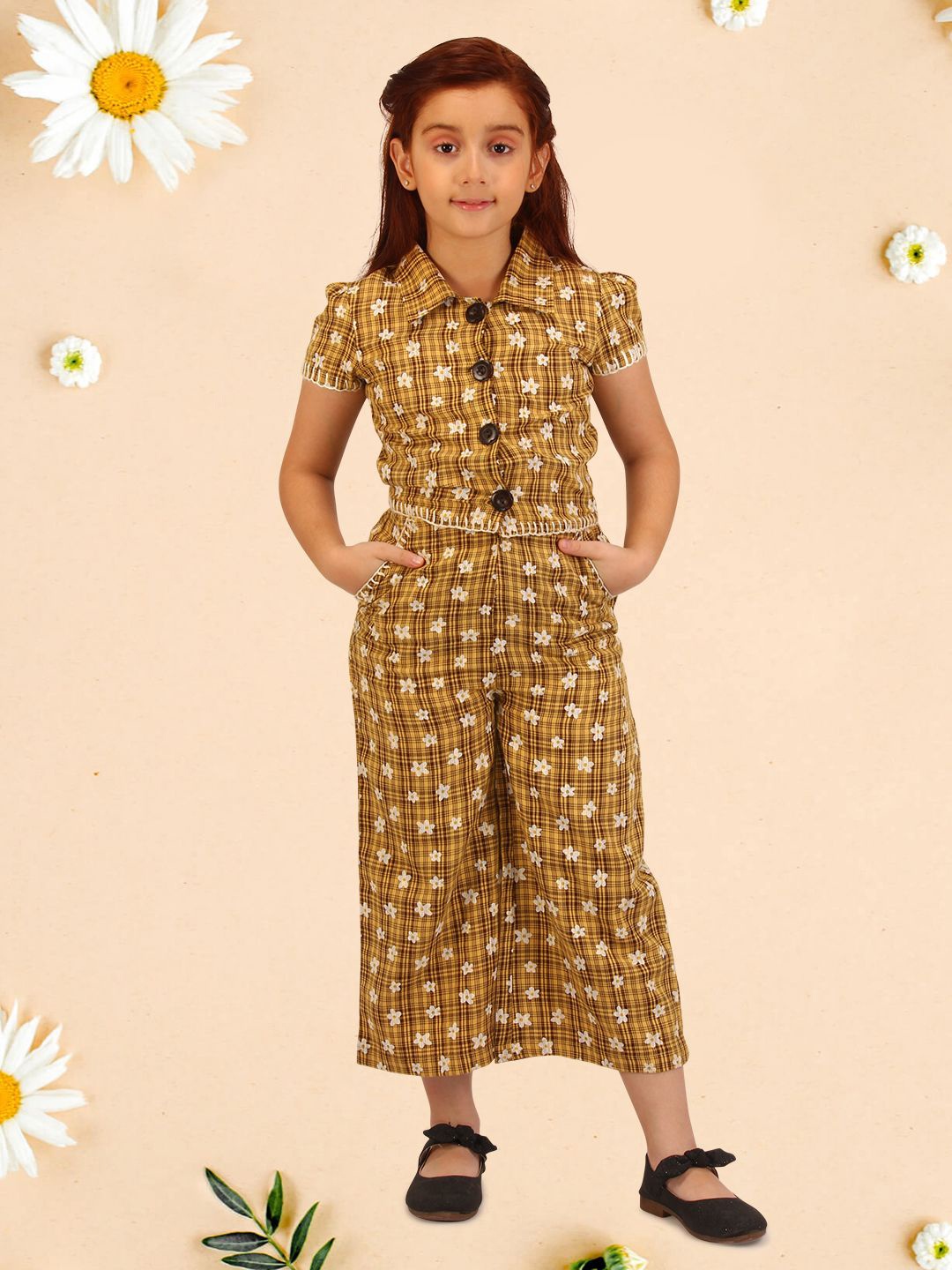 

CUTECUMBER Girls Printed Top with Trousers, Mustard