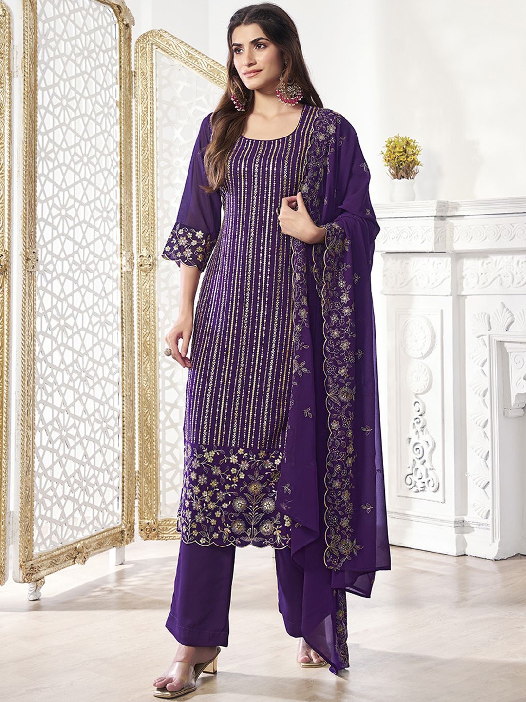

Inddus Women Floral Thread Sequinned Embroidered Kurta, Palazzos & Dupatta Set, Purple