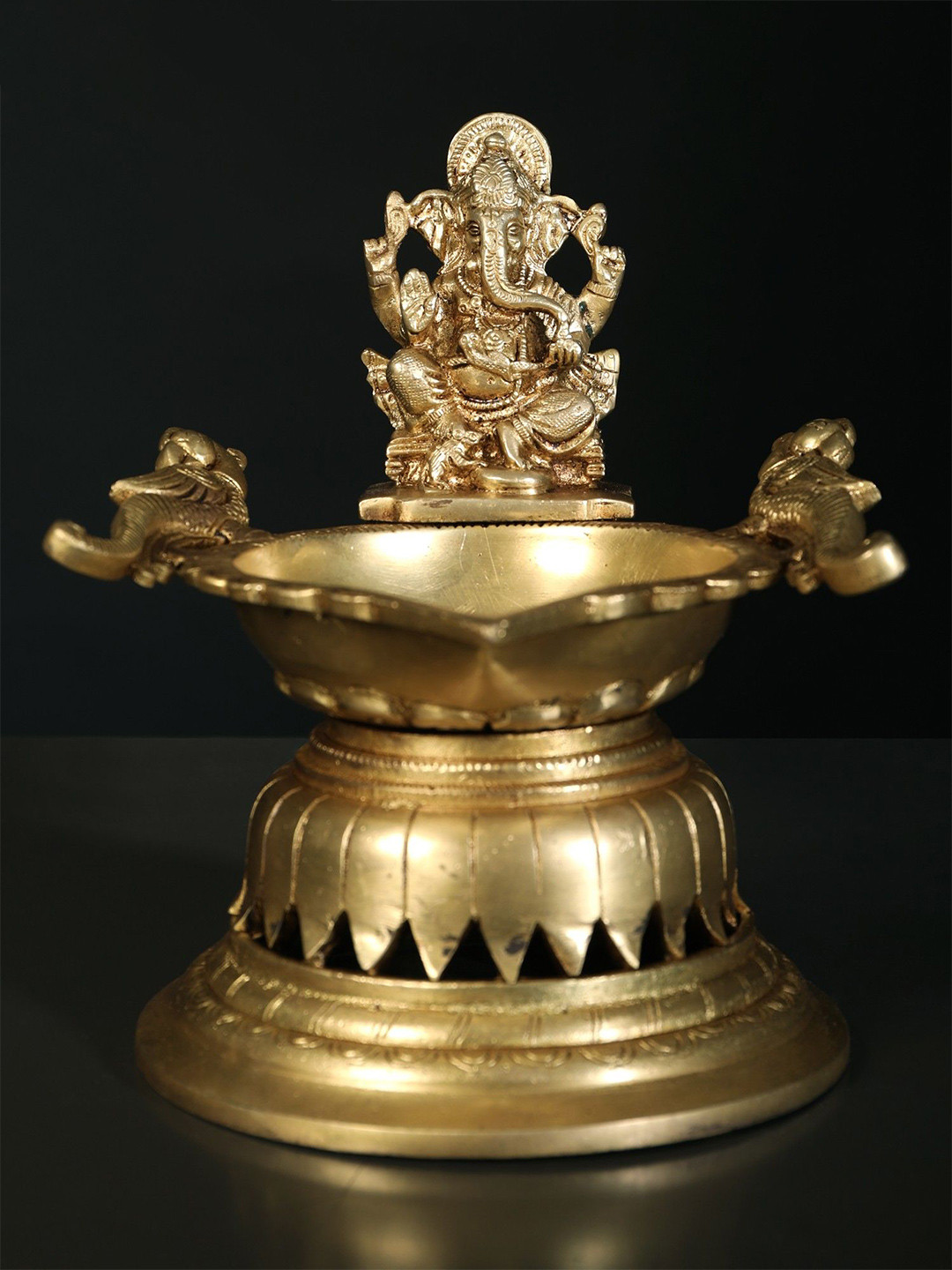 

Exotic India Brass Designer Ganesha Oil Lamp with Peacocks, Gold