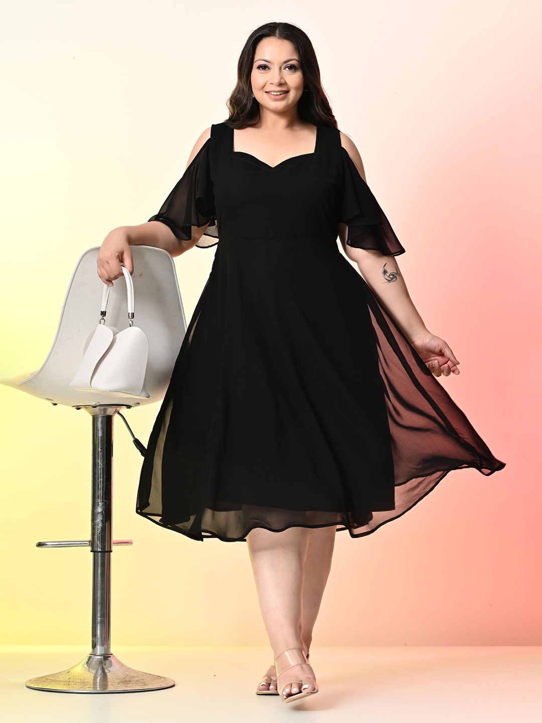 

PrettyPlus by Desinoor.com Plus Size Georgette Fit & Flare Midi Dress, Black