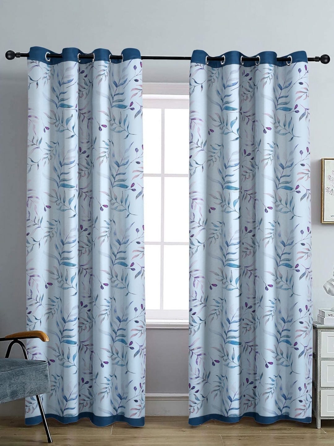 

Aura White & Blue Set of 2 Floral Black Out Door Curtain