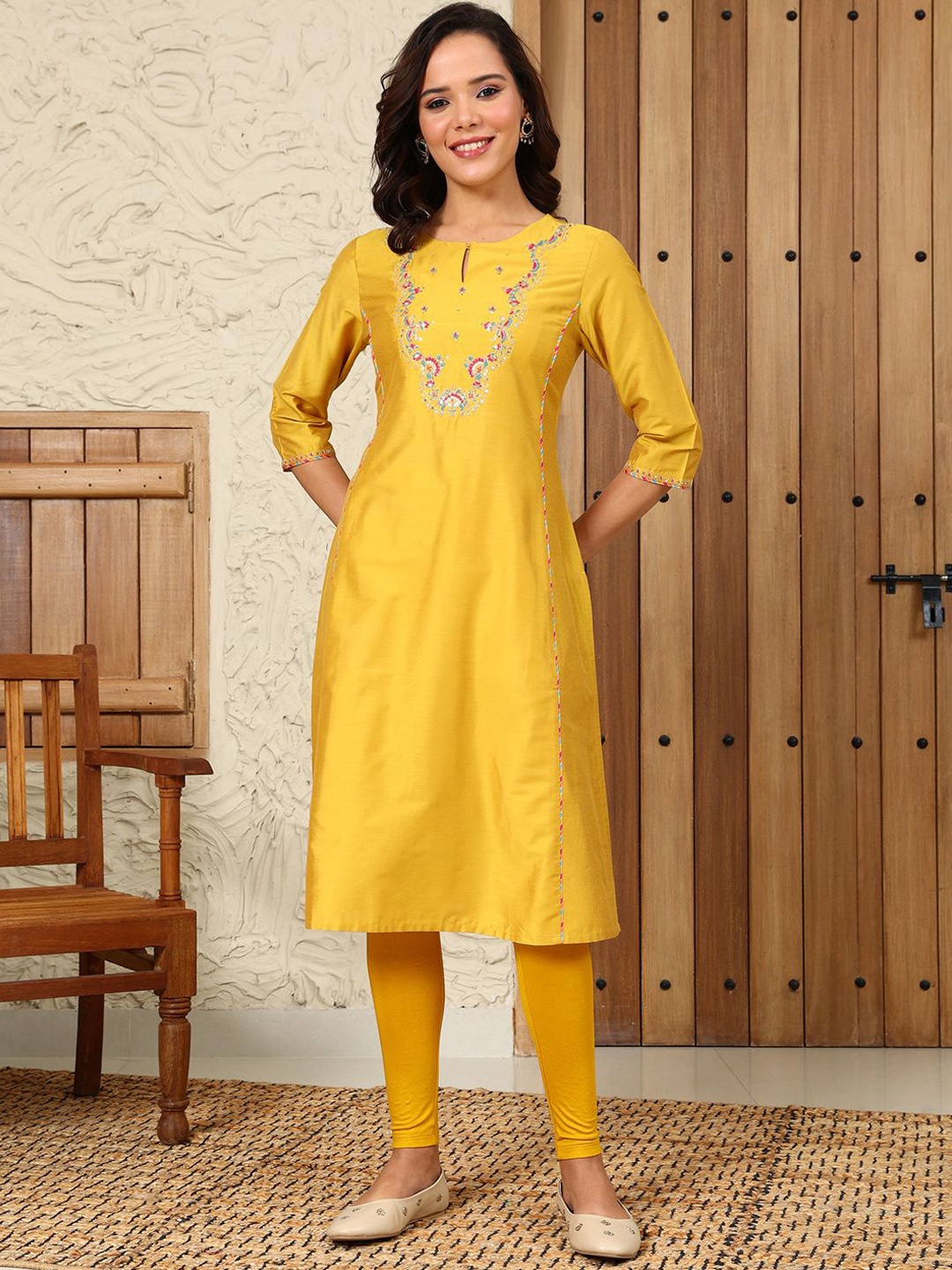 

W Women Flared Sleeves Mirror Work Kurta, Yellow