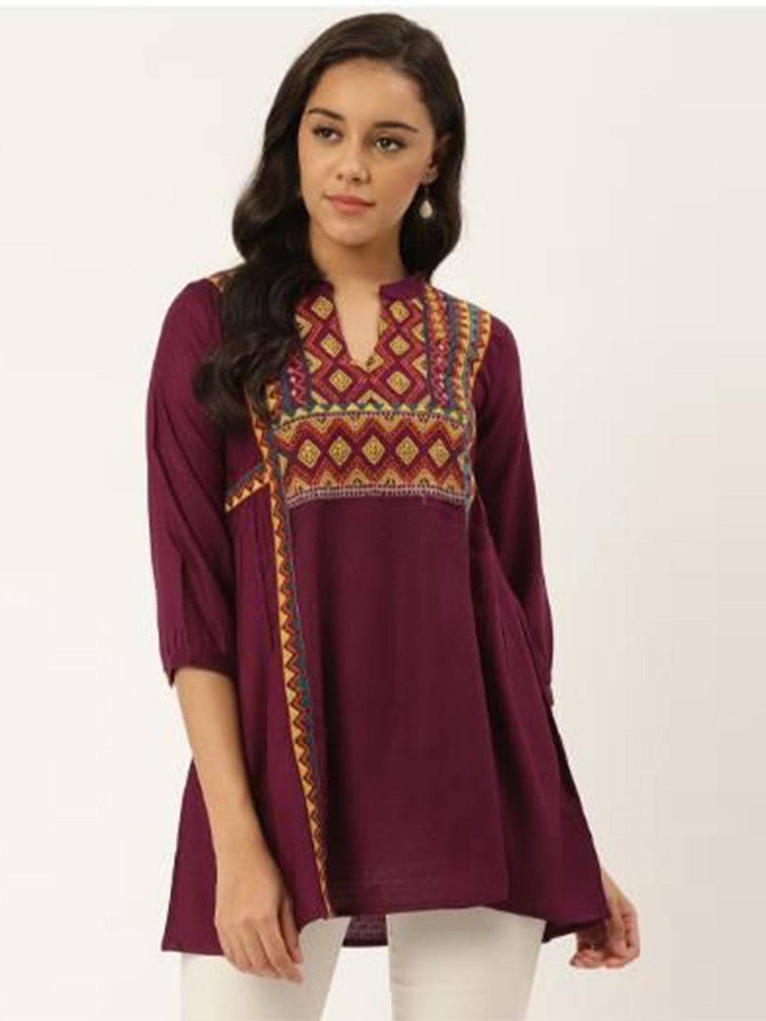 

Anouk Print Mandarin Collar Liva Top, Burgundy