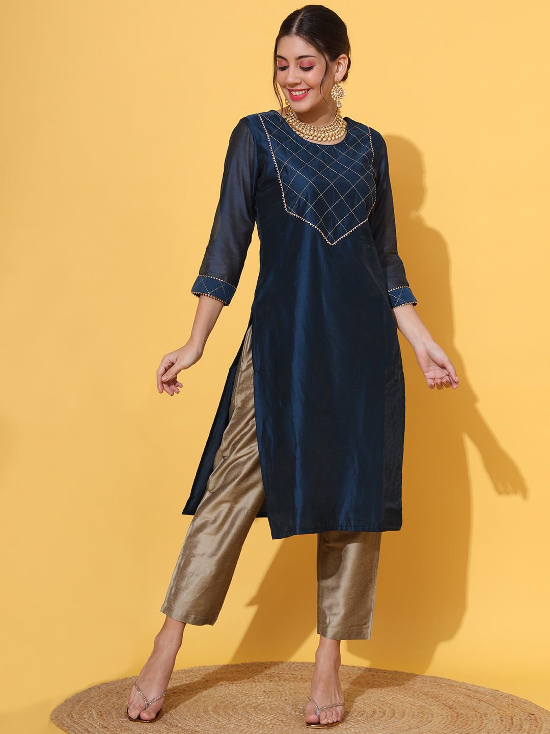 

KALINI Women Geometric Yoke Design Flared Sleeves Kurta, Blue