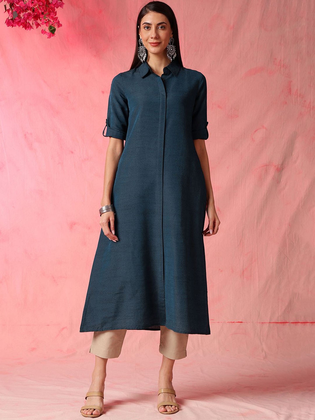 

Anouk Women Striped Thread Work Kurta, Blue