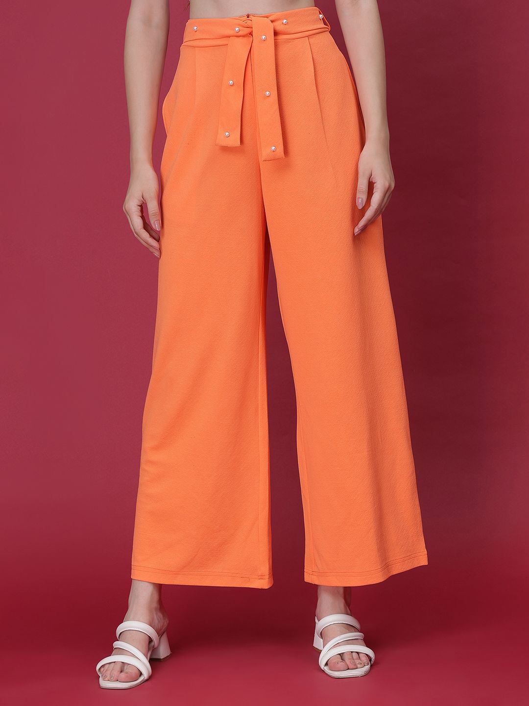 

Frolic Rolic Polyester Embellished Belt Parallel Trouser, Orange