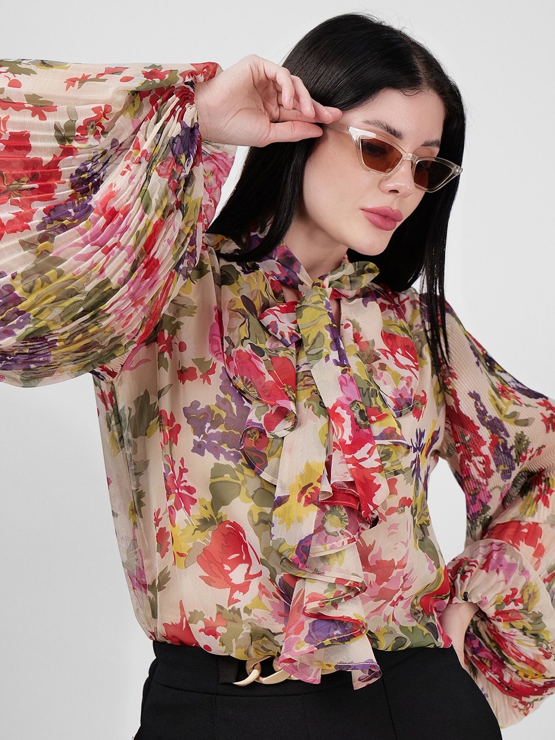 

DRIRO Floral Print Tie-Up Neck Chiffon Blouson Top, Multi