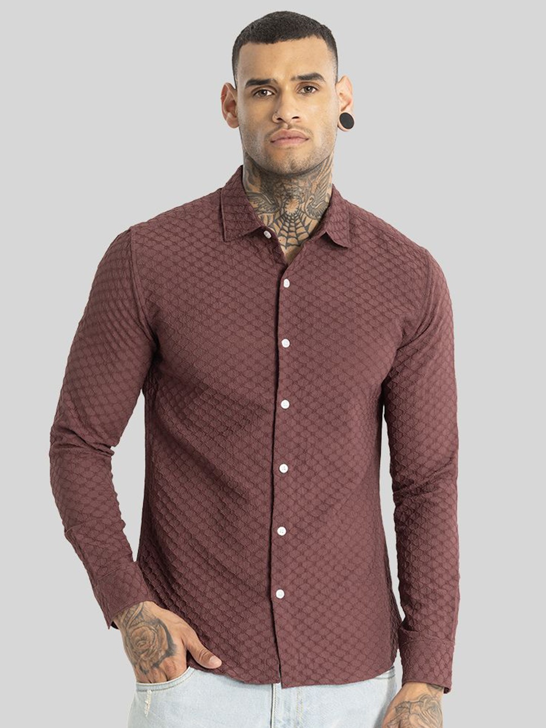

Snitch Men Smart Slim Fit Opaque Printed Casual Shirt, Brown