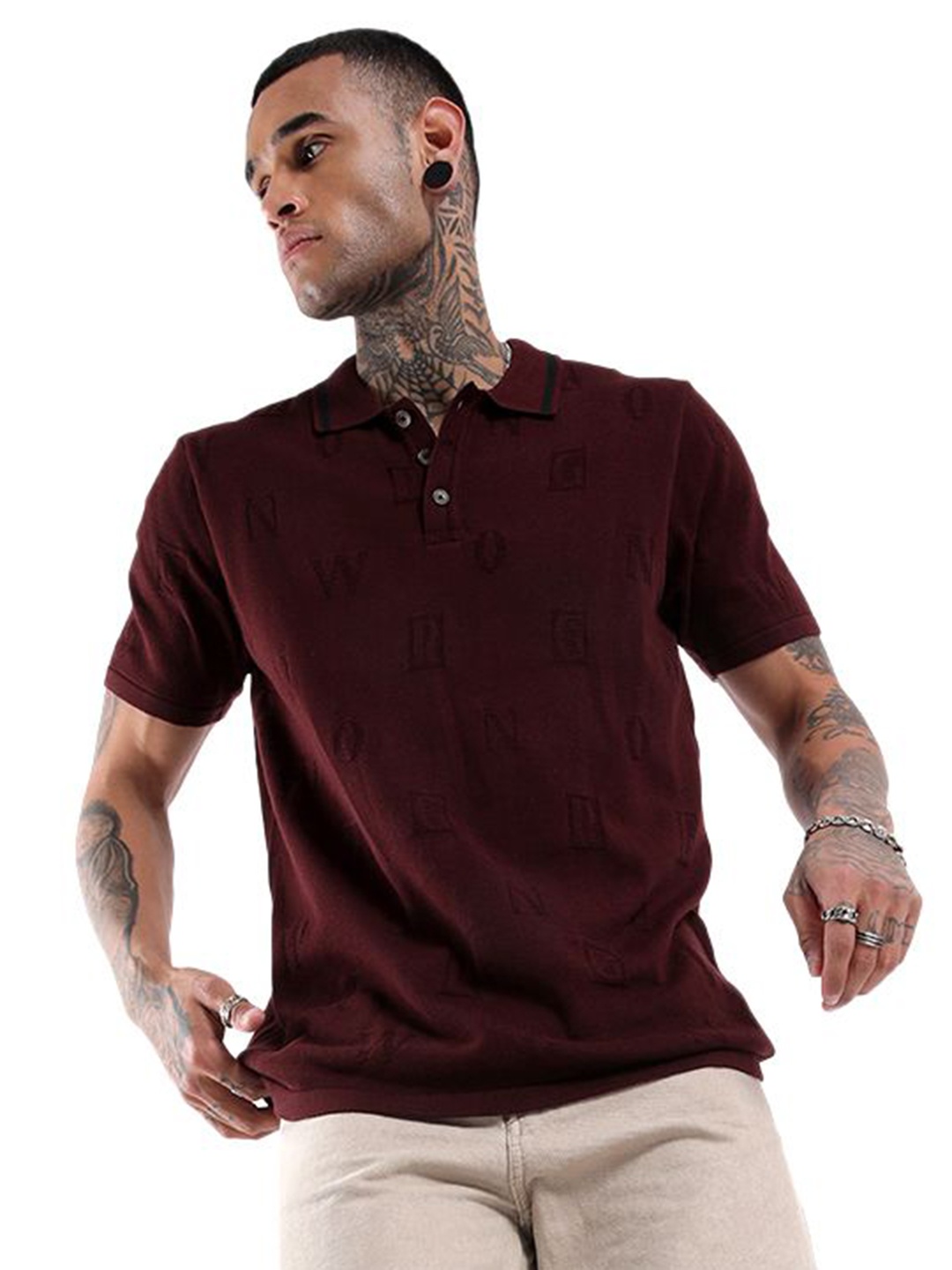 

WROGN Self Design Polo Collar Slim Fit Cotton T-shirt, Maroon