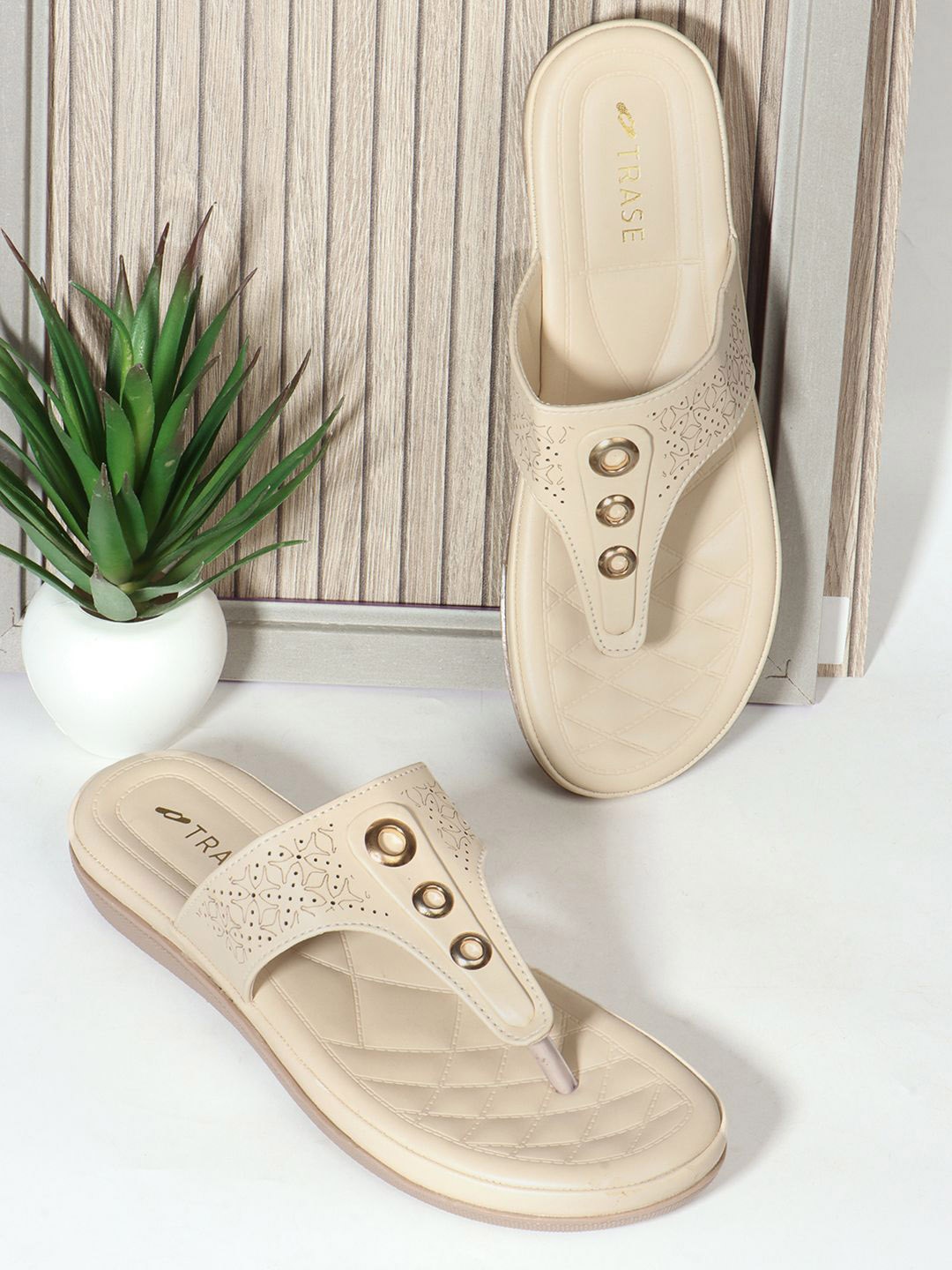 

TRASE Women Open Toe Flats With Laser Cuts, Cream