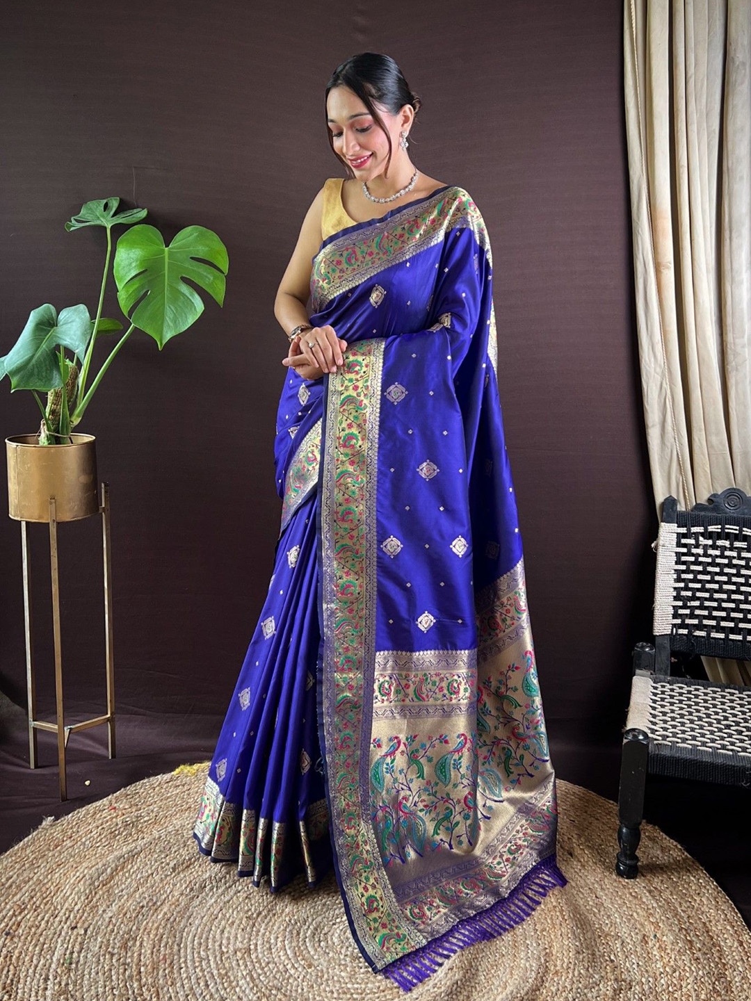 

Mitera Woven Design Zari Silk Blend Designer Paithani Saree, Blue
