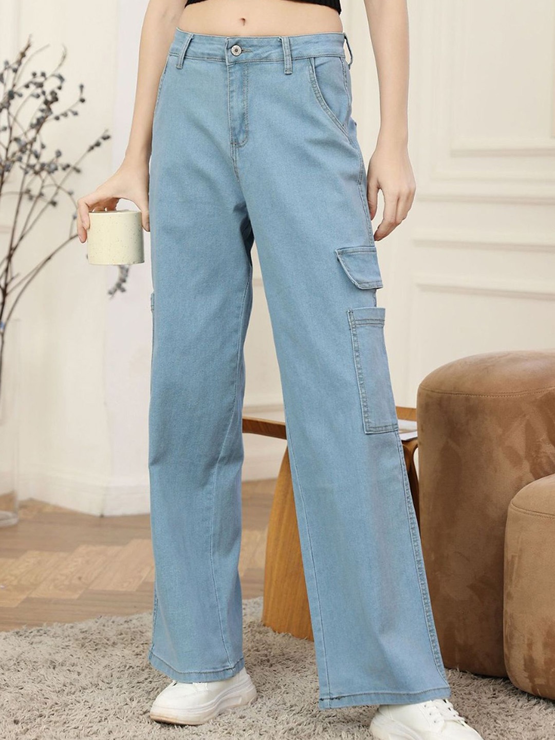 

LULU & SKY Women Mid-Rise Straight Fit Cargo Jeans, Blue
