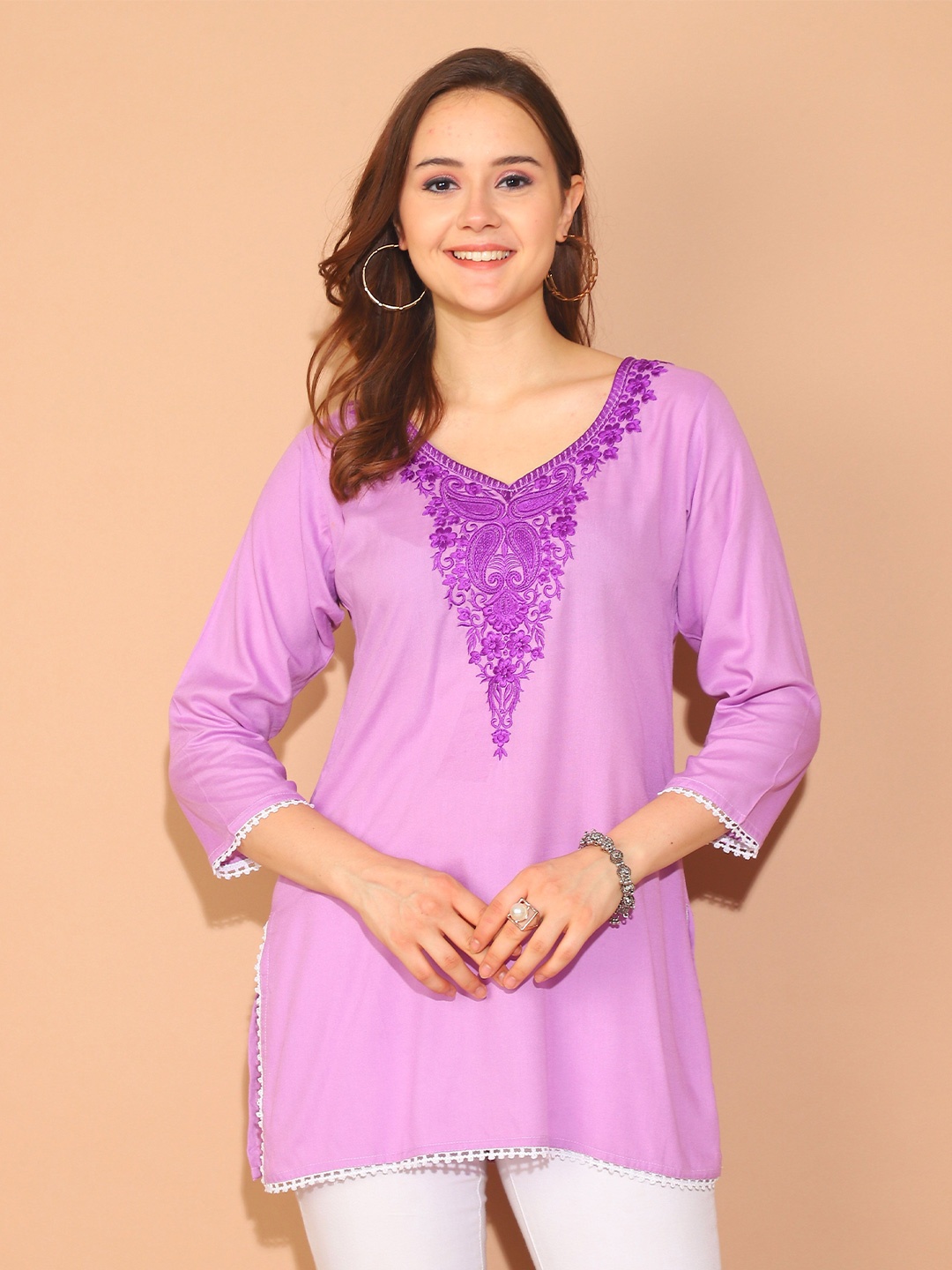 

Roly Poly Floral Embroidered Straight Kurti, Purple