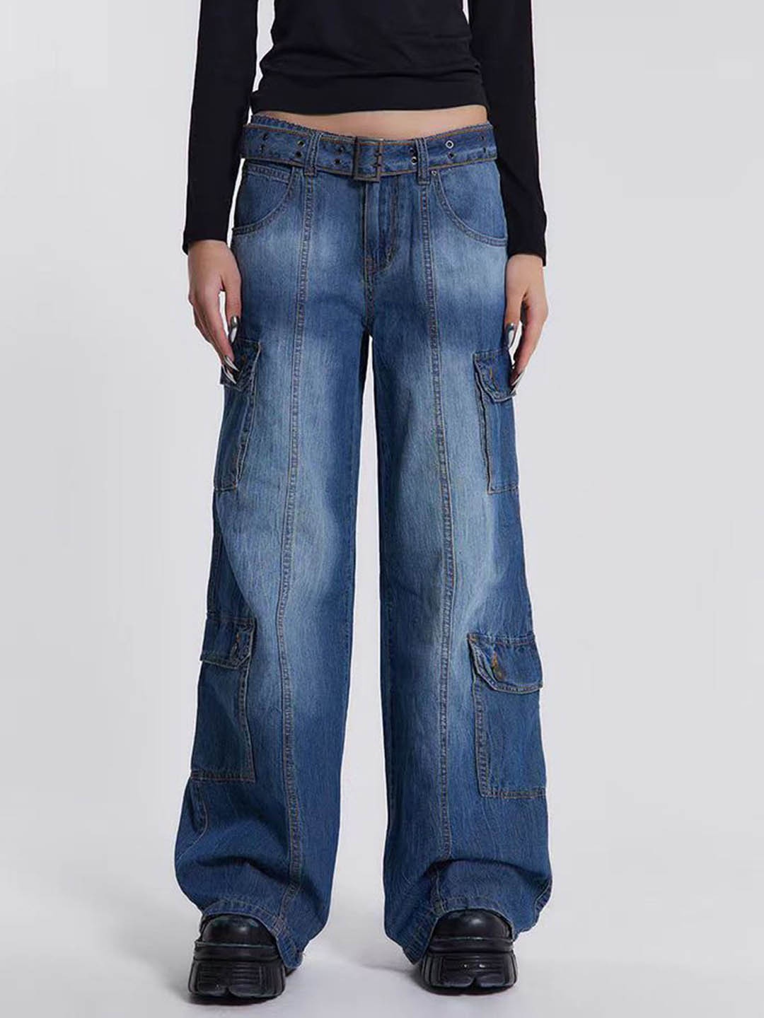 

LULU & SKY Women Wide Leg Low-Rise Highly Distressed Light Fade Jeans, Blue