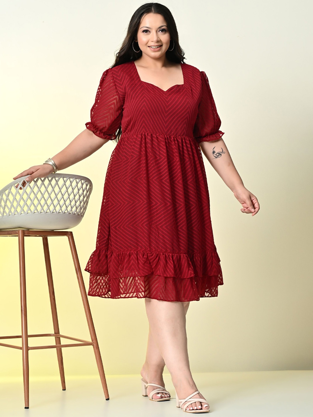 

PrettyPlus by Desinoor.com Plus Size Chevron Georgette Fit & Flare Dress, Maroon