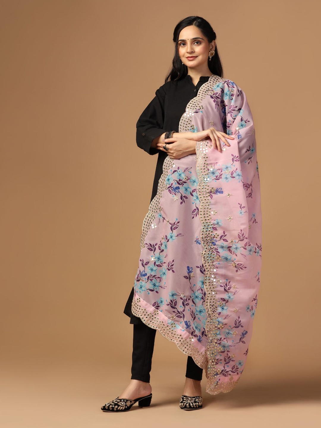 

Kaizen TEXO FAB Floral Printed Organza Dupatta, Pink