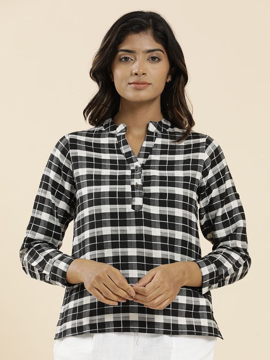 

Jaipur Kurti Checked Mandarin Collar Shirt Style Top, Black