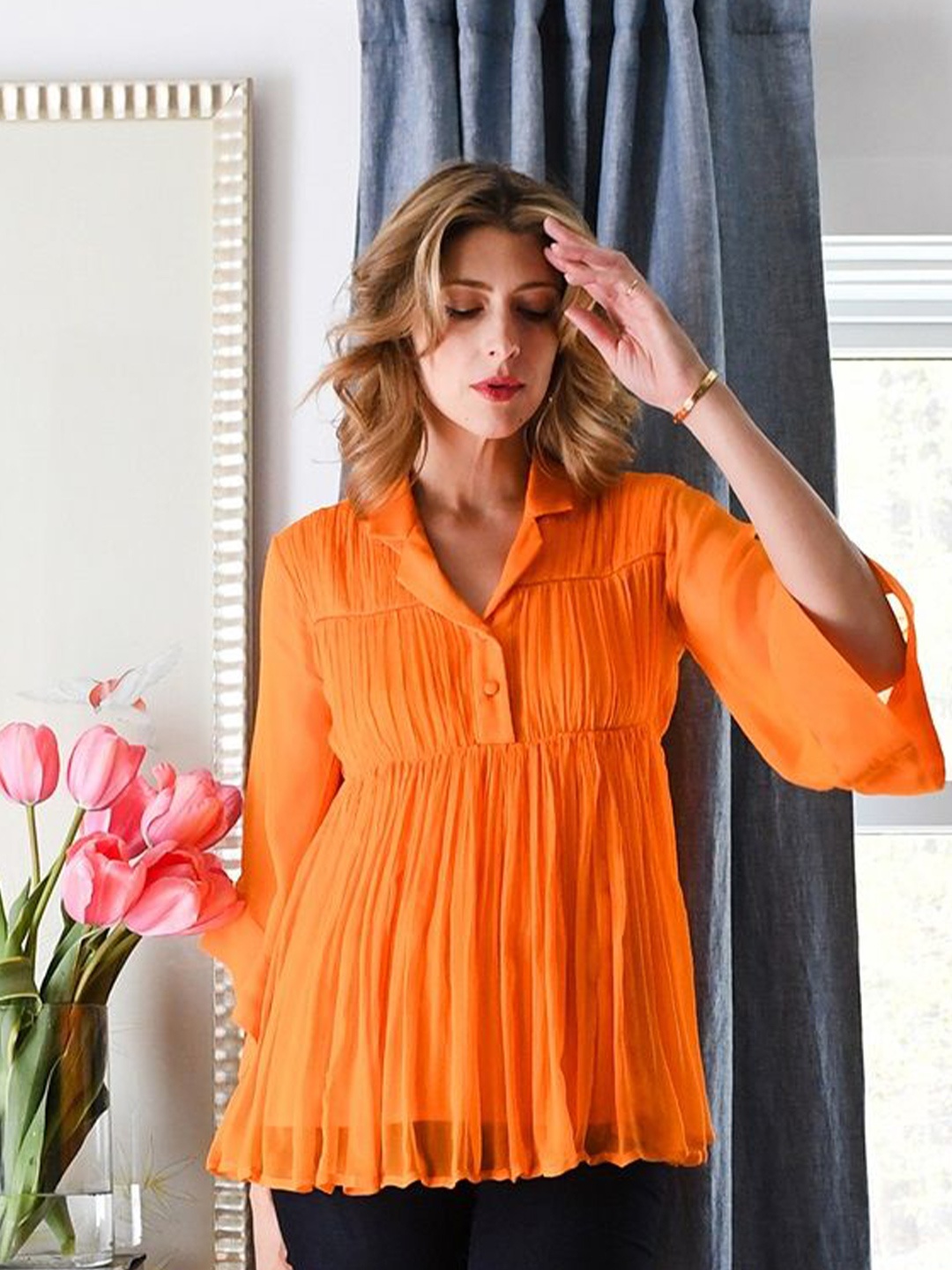 

Style Junkiie Floral Print Puff Sleeve Chiffon Top, Orange
