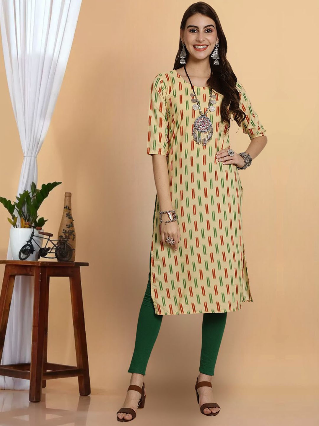 

7Threads Women Striped Keyhole Neck Flared Sleeves Thread Work Floral Crepe Kurta, Multi