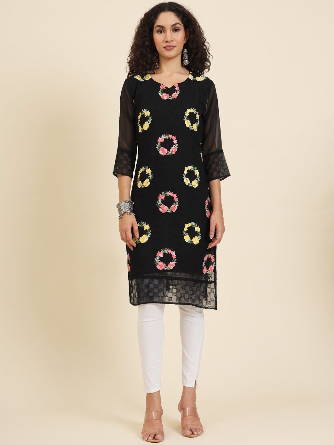 

HERE&NOW Women Ethnic Motifs Printed Flared Sleeves Gotta Patti Georgette Kurta, Black