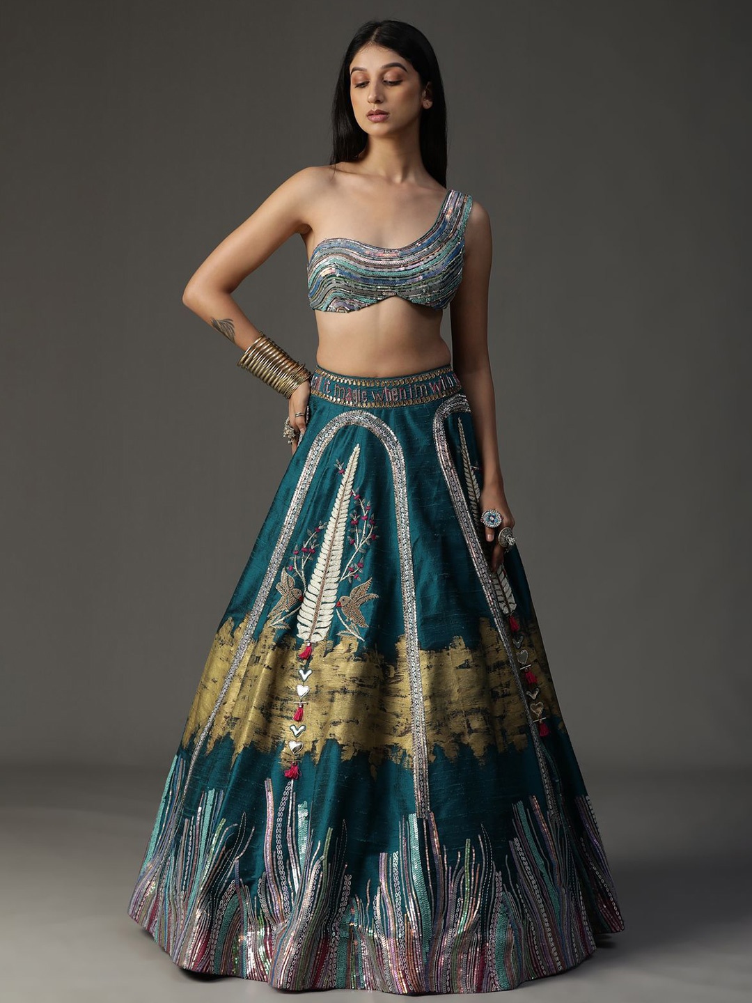 

ARPITA SULAKSHANA Embellished Beads and Stones Made to Measure Lehenga & Blouse With Dupatta, Turquoise blue