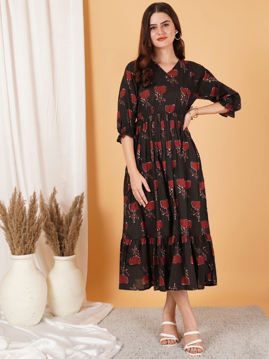 

COTLAND FASHION Floral Print A-Line Midi Dress, Black