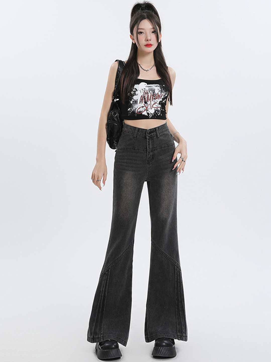 

LULU & SKY Women Flared High-Rise Heavy Fade Jeans, Grey