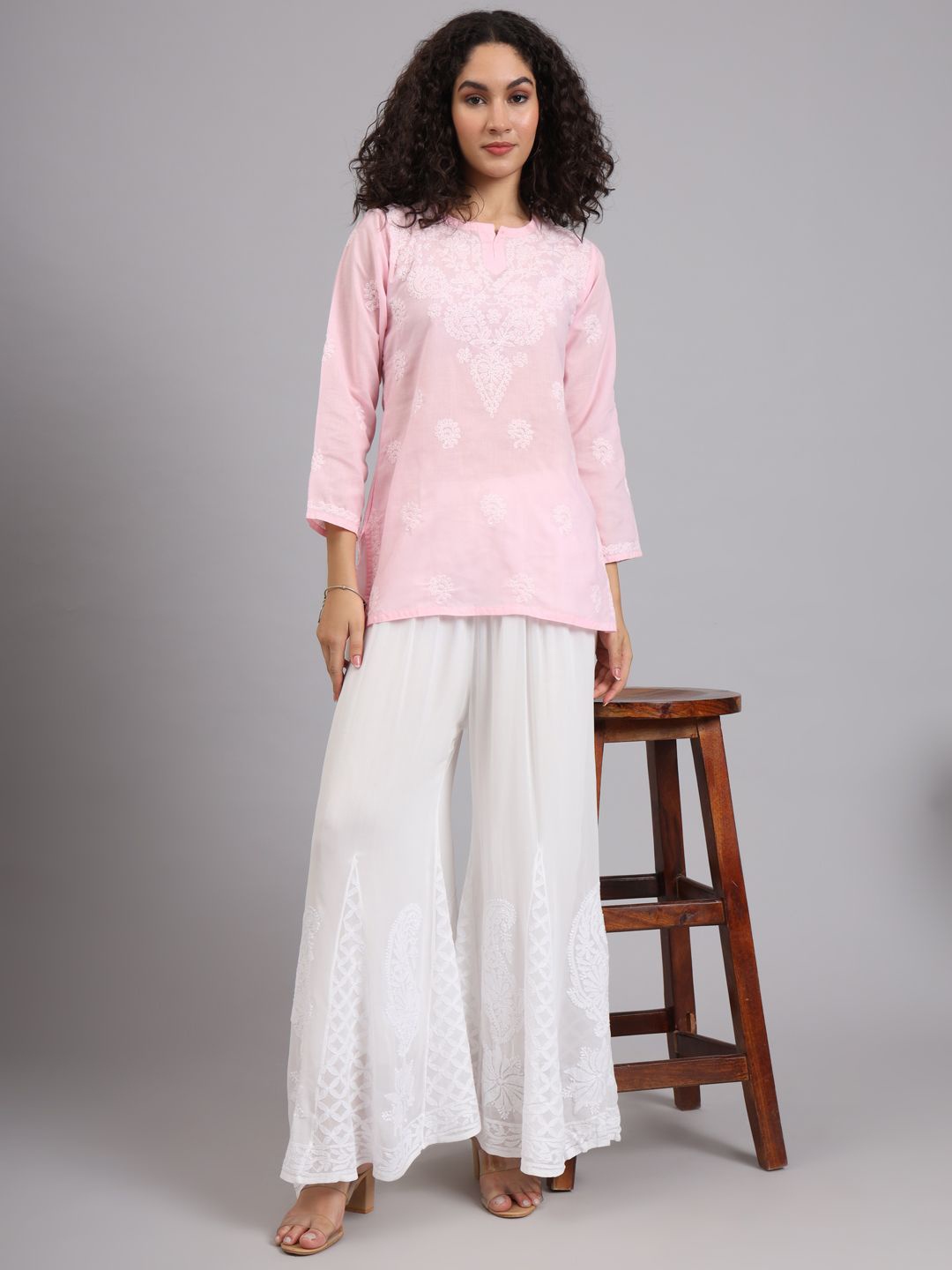 

The Chikan Label Women Ethnic Motifs Embroidered Flared Handloom Ethnic Palazzos, White