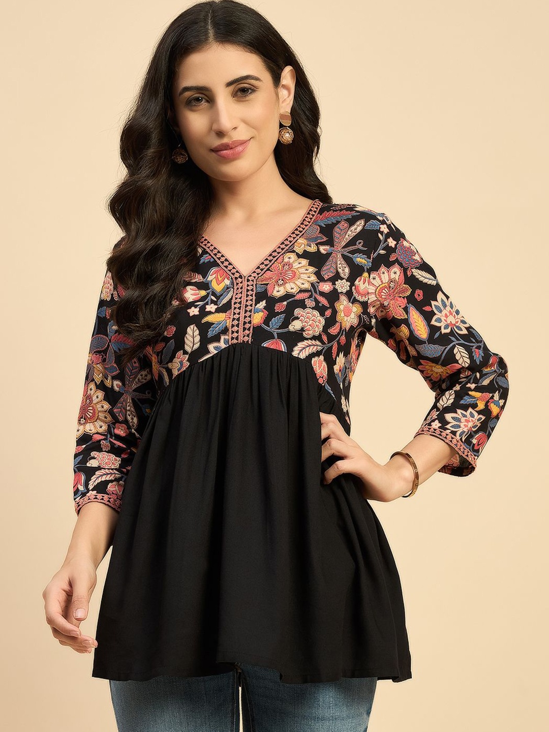 

Azira Floral Print Empire Top, Black