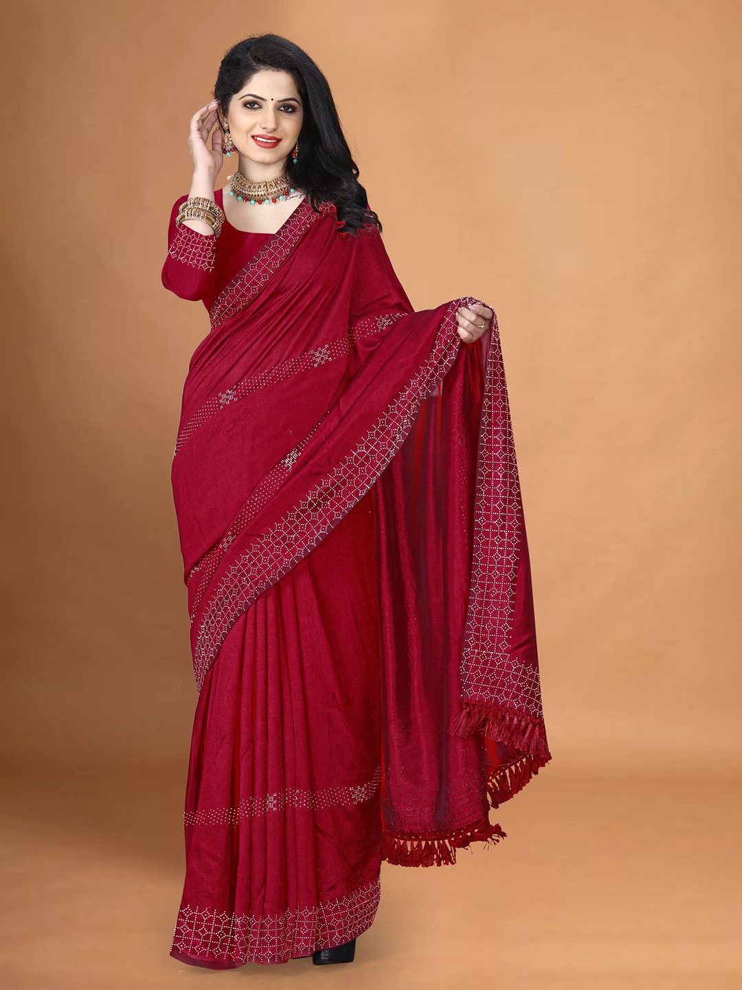 

SANJANA SILK Floral Zari Jute Silk Saree, Red