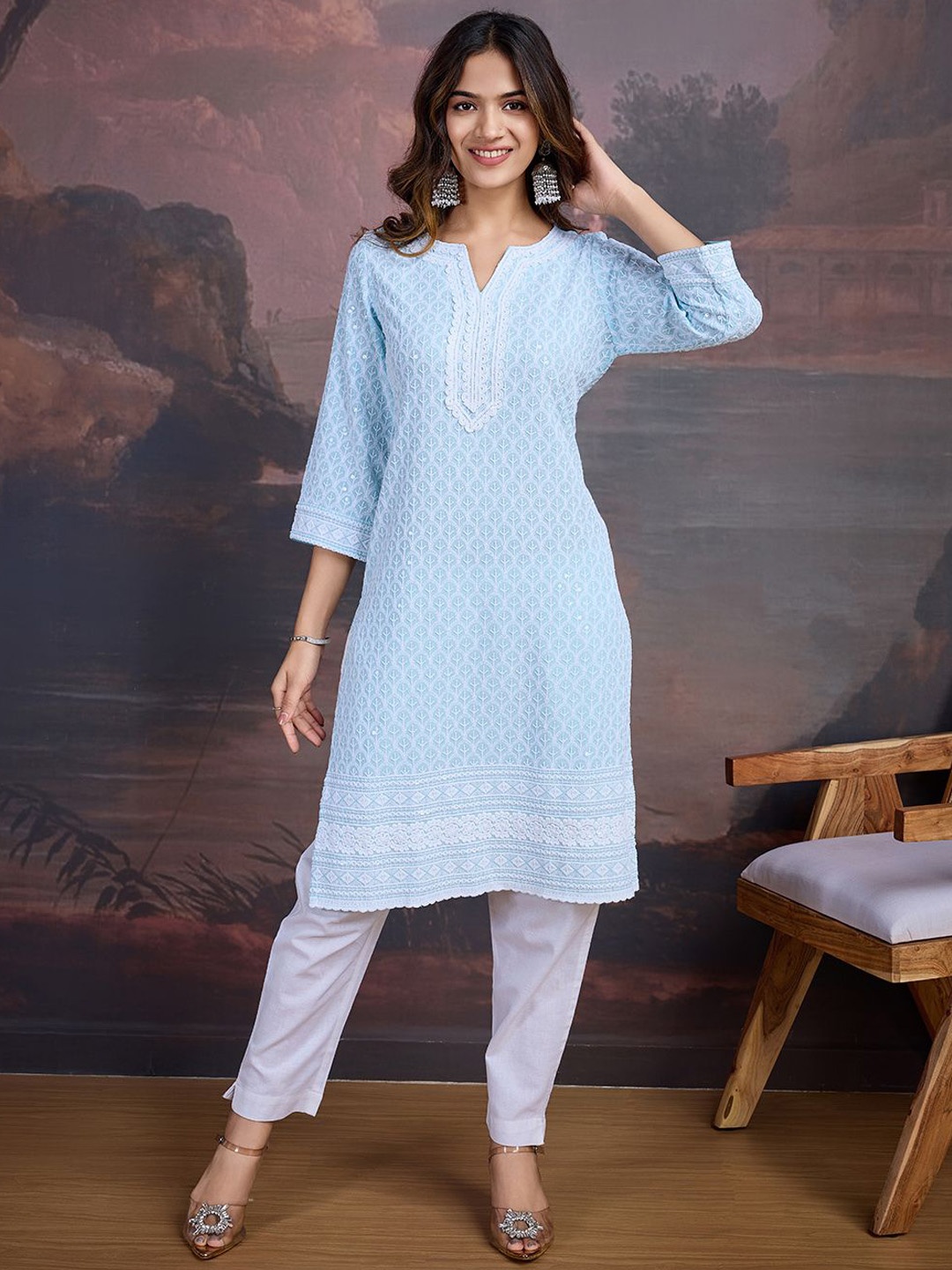 

House of Pataudi Sequined Embroidered Straight Kurtas, Blue