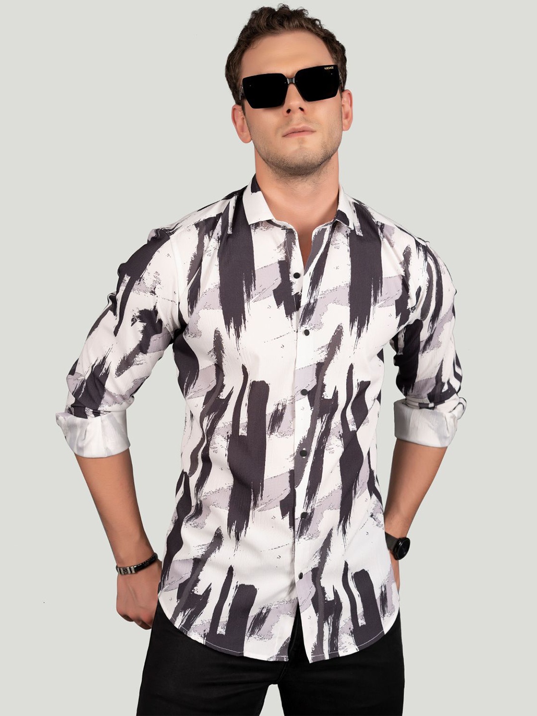

ALMATY Men Comfort Slim Fit Opaque Printed Party Shirt, White