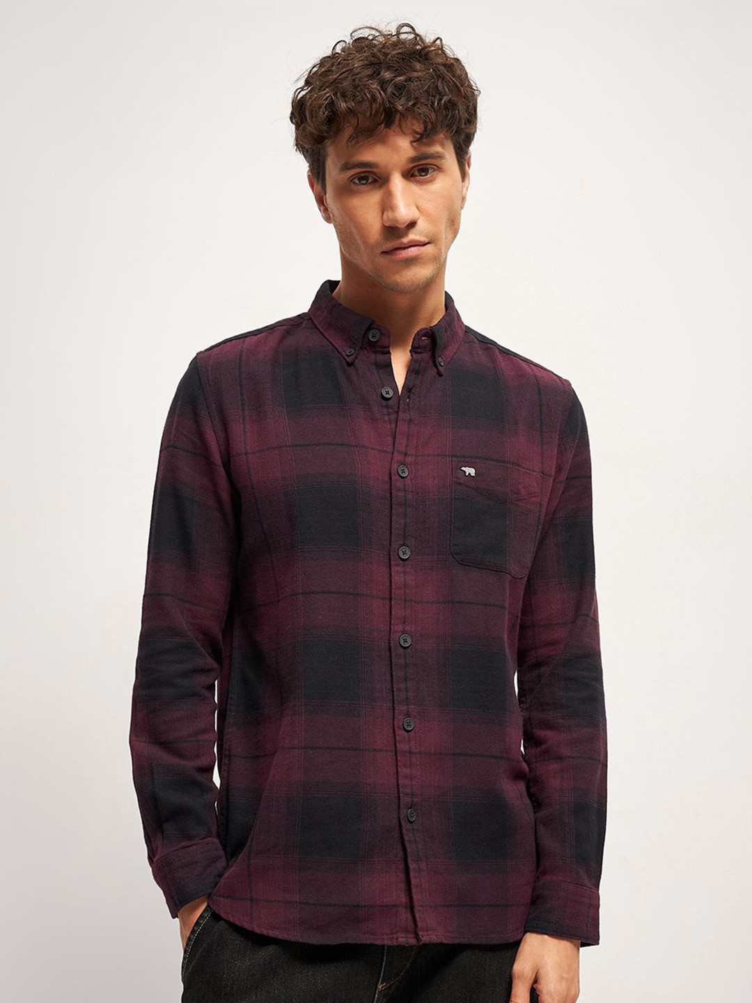 

THE BEAR HOUSE Men Tartan Checked Slim Fit Casual Shirt, Maroon