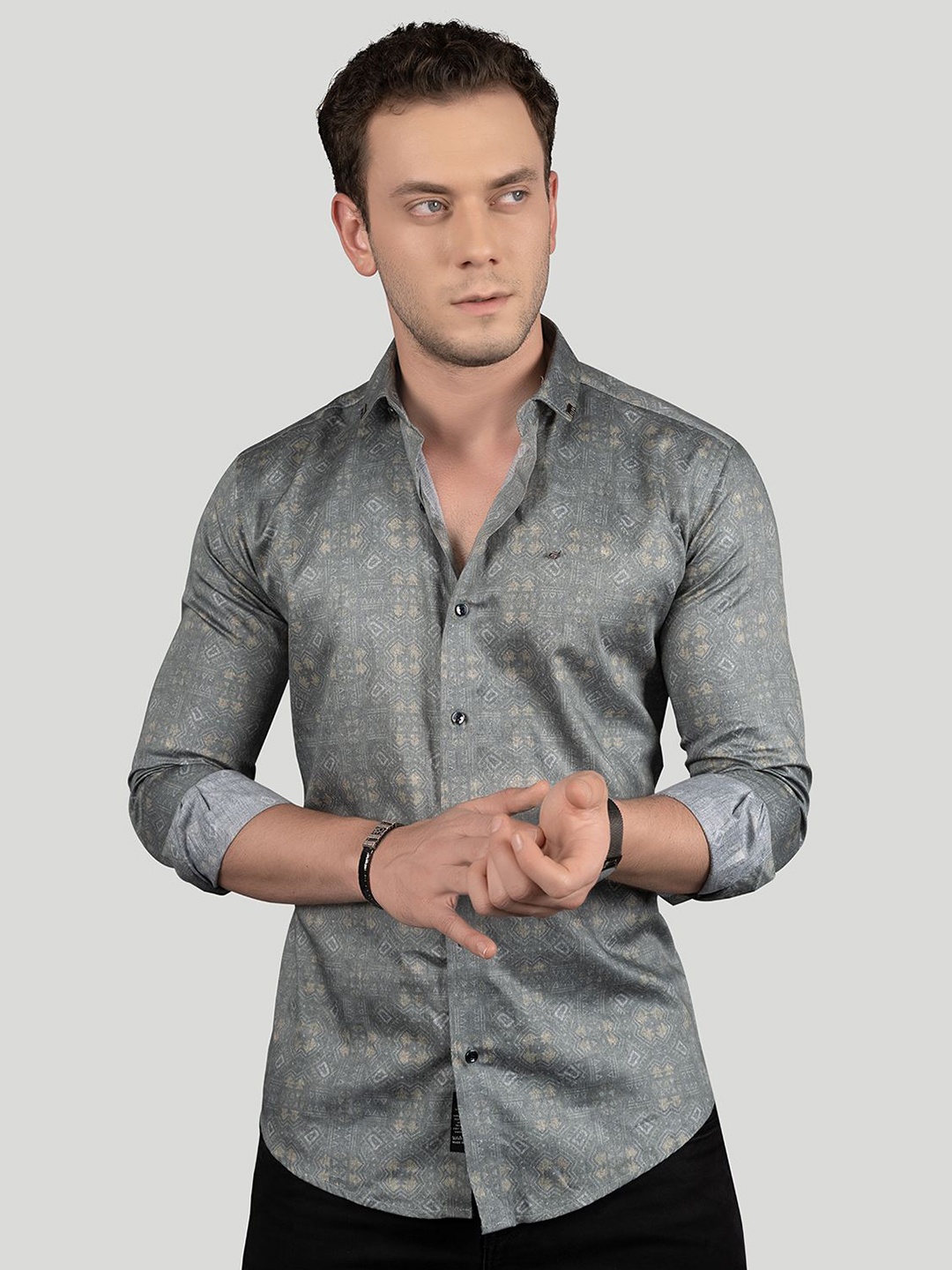

ALMATY Men Comfort Slim Fit Faded Opaque Printed Party Shirt, Grey