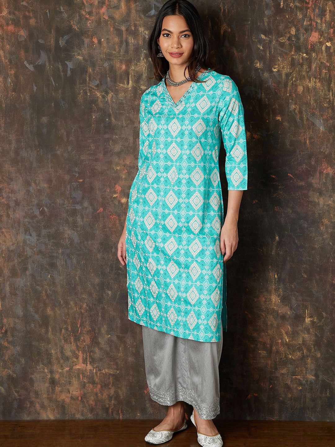 

Melange by Lifestyle Women Printed Thread Work Kurta, Blue