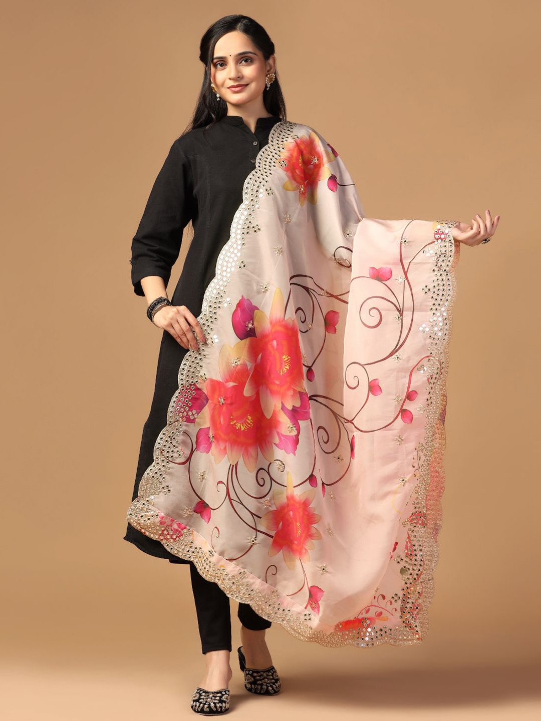 

Kaizen TEXO FAB Floral Printed Sequin Embellished Organza Duppatta, Peach