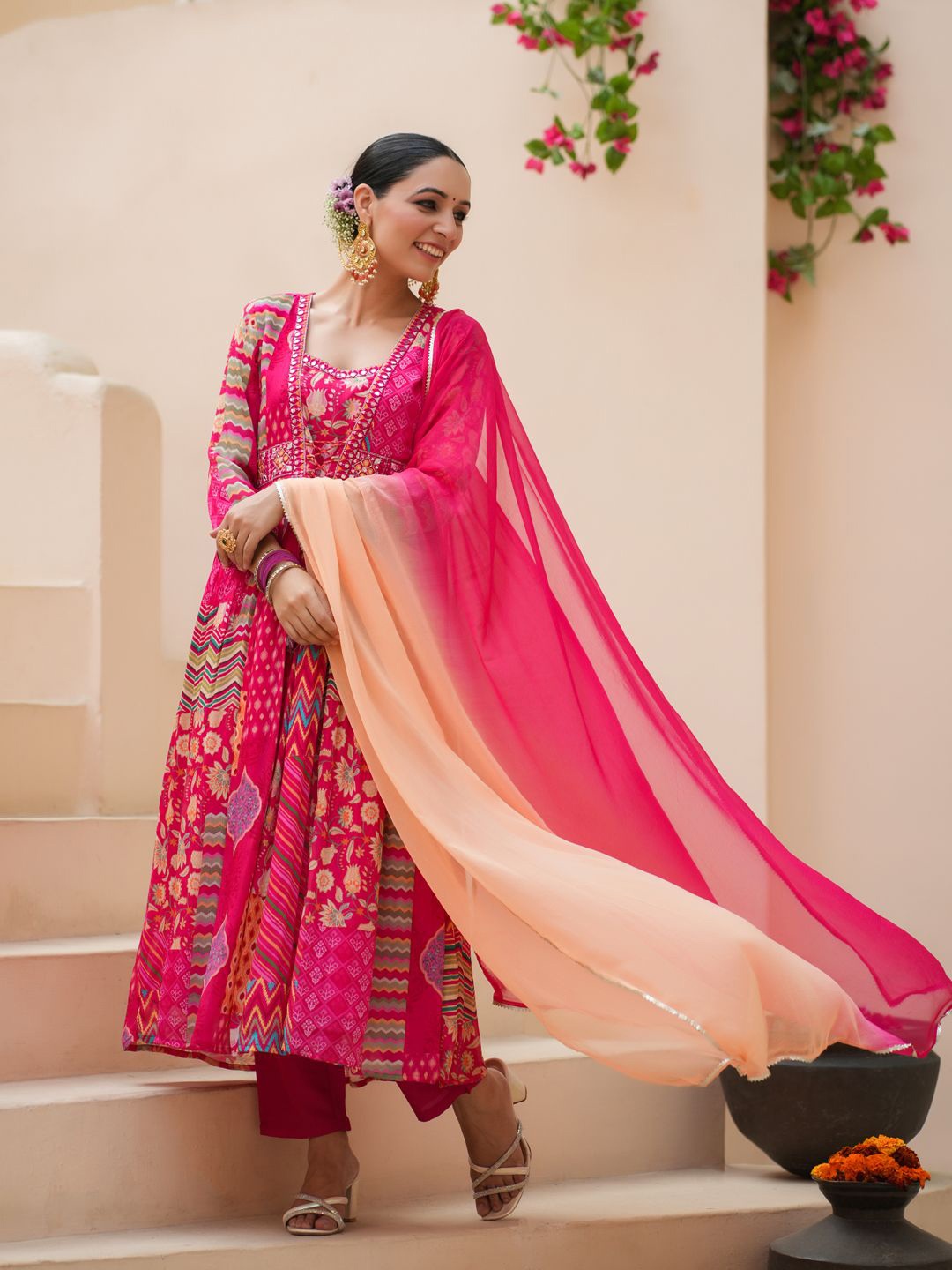 

Rain & Rainbow Women Floral Printed Empire Sequinned Kurta with Trousers & With Dupatta, Fuchsia