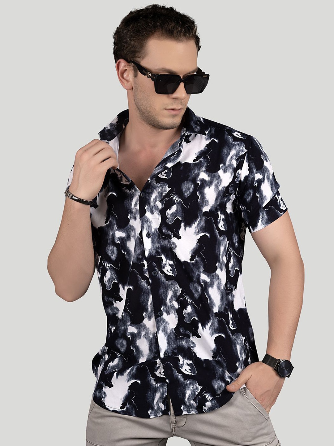 

ALMATY Men Comfort Slim Fit Floral Opaque Printed Party Shirt, Blue