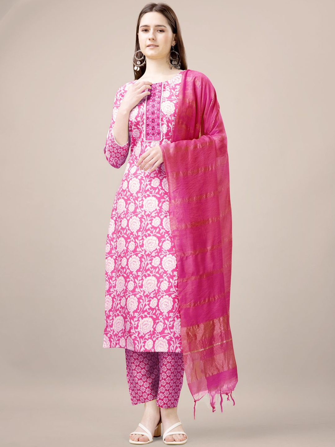 

devkison Designer Women Floral Printed Regular Thread Work Kurta with Trousers & With Dupatta, Pink